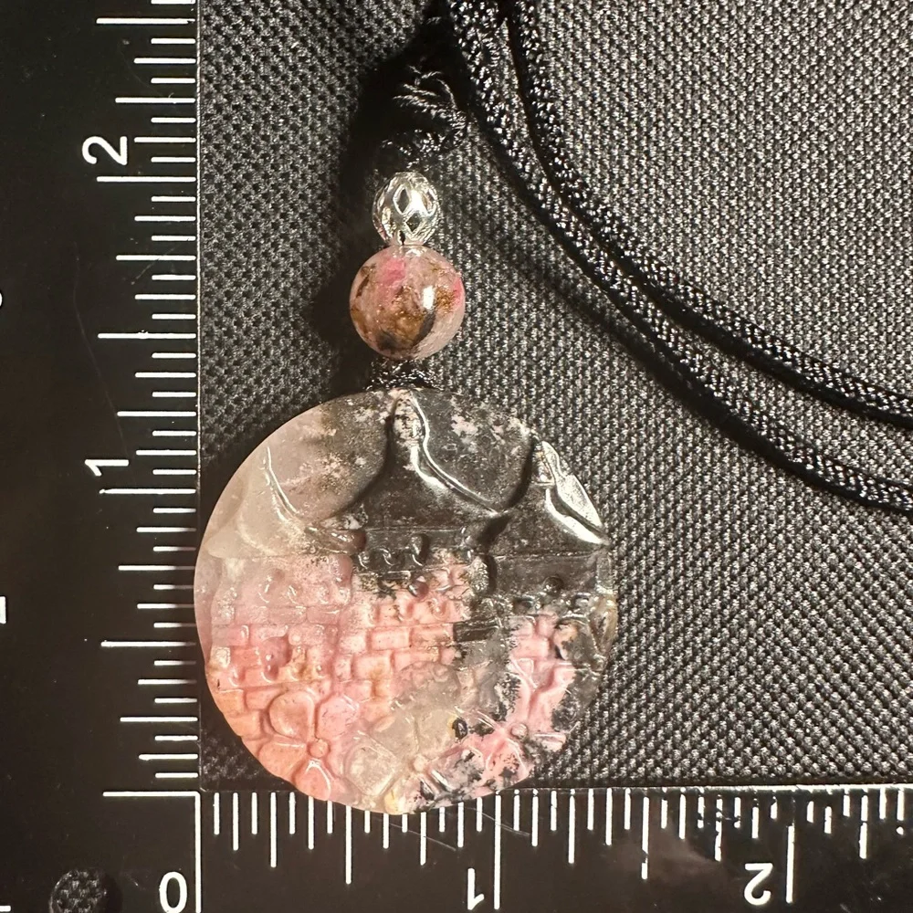 Icy Rhodonite Landscape and Flowers Pendant Necklace on Black Adjustable Rope - Picture 15 of 16